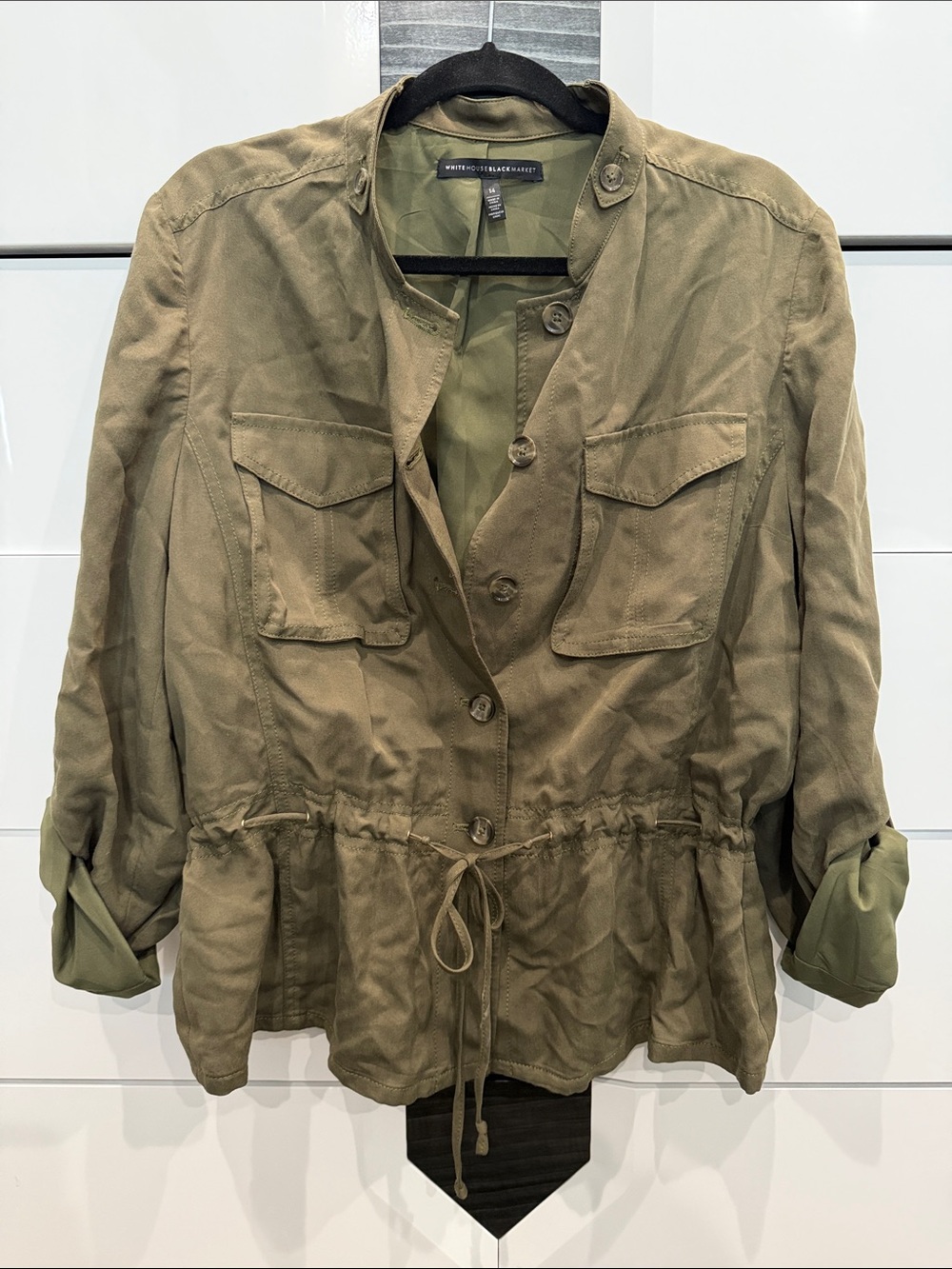 White House Black Market Olive Green Utility Jacket with Drawstring